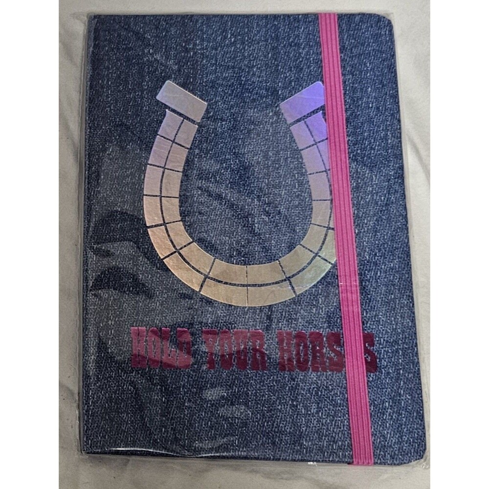 NEW Hardcover Denim look Journal "Hold Your Horses" Horshoe Lined 5" x7"- 75 pg